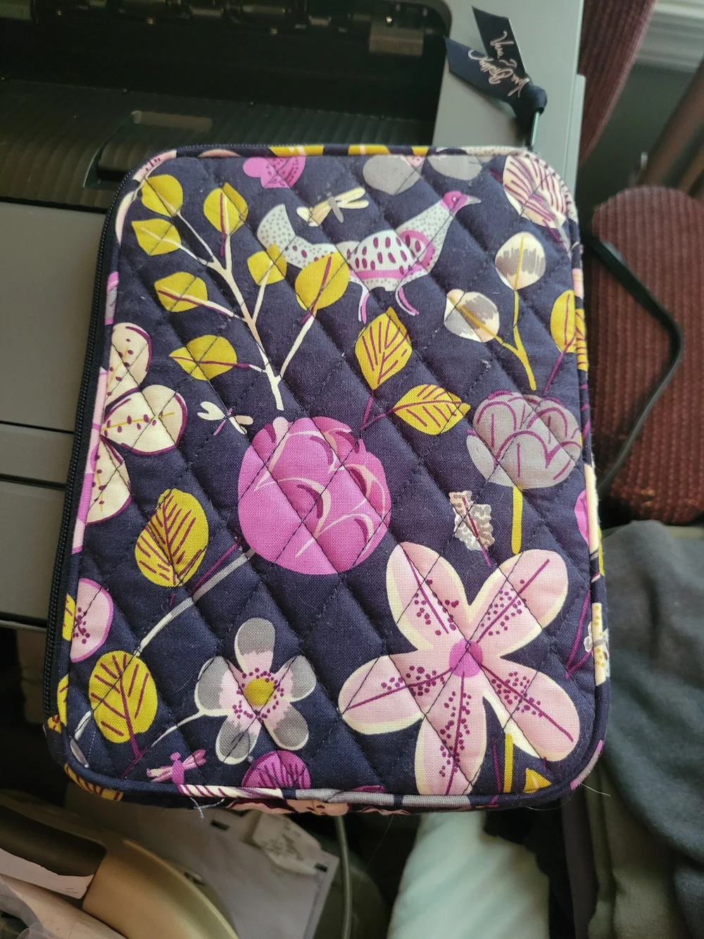 Vera Bradley Navy Floral Quilted Tablet Sleeve with Pink and Yellow Accents